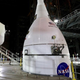 The Orion capsule stacked atop the SLS rocket inside NASA’s Vehicle Assembly Building at Kennedy Space Center in Florida.